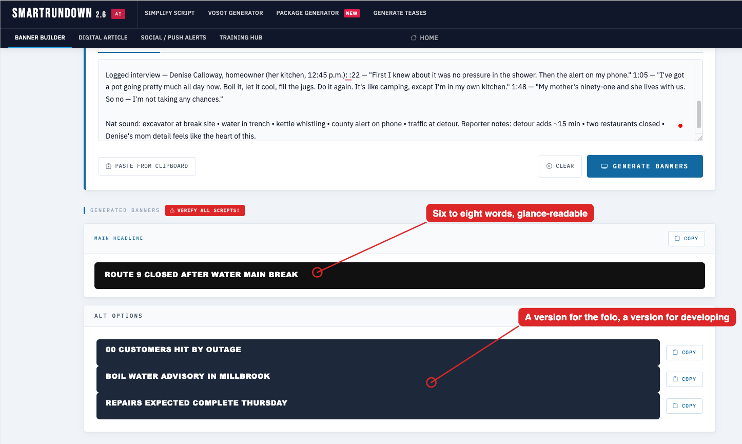 Banner Builder — main headline plus alt options