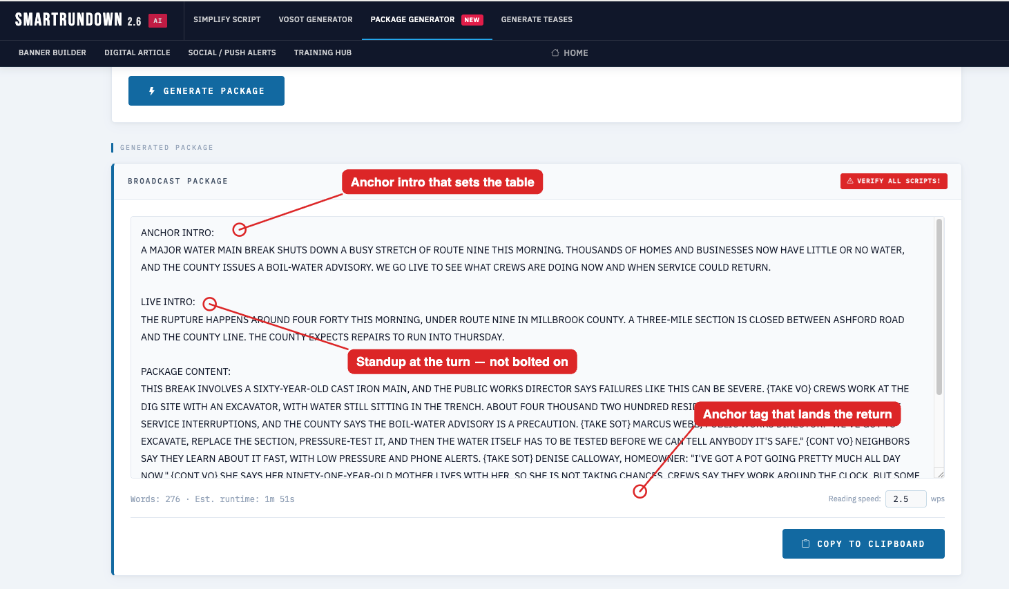 Package Generator — anchor intro, standup, and anchor tag