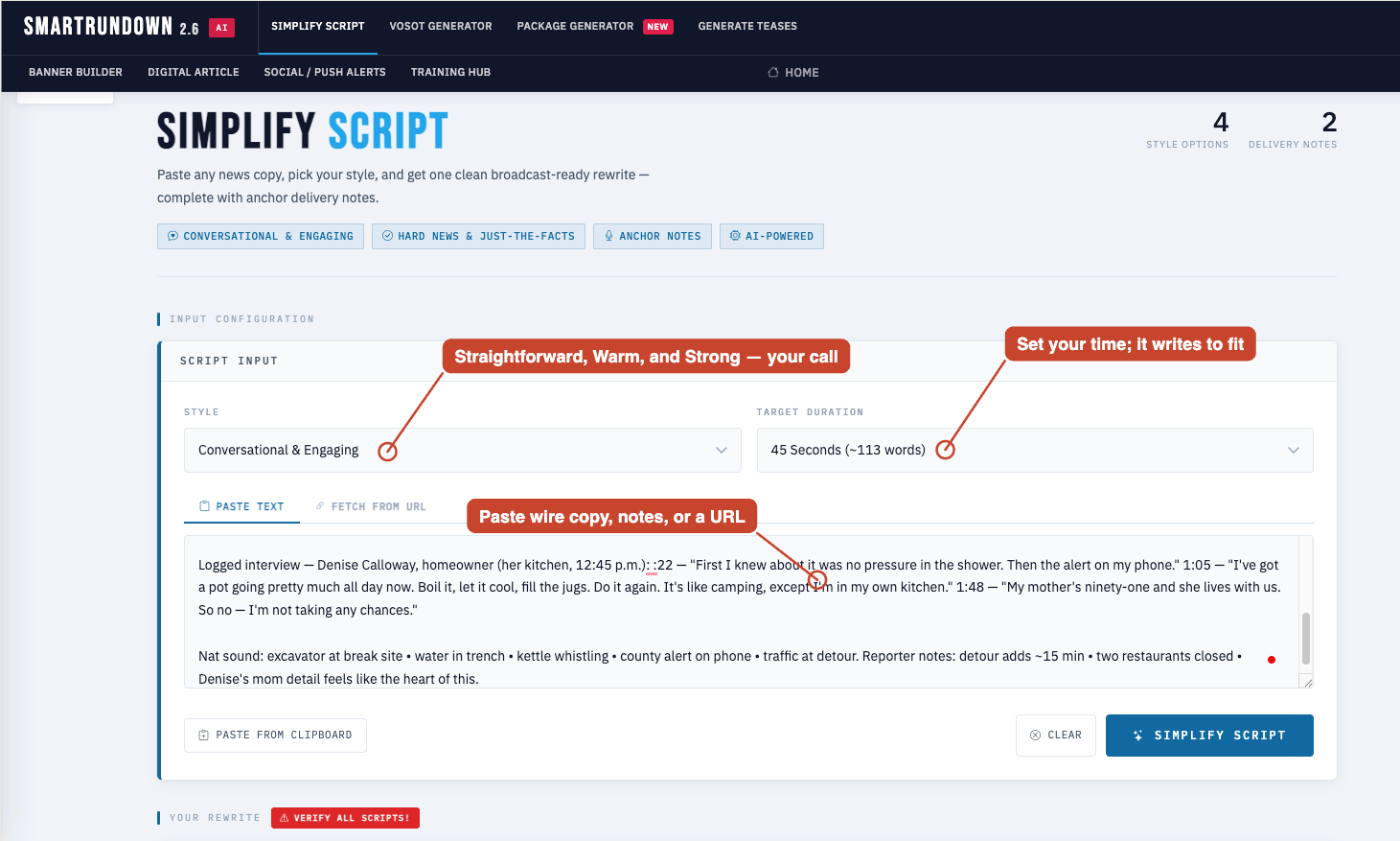 Simplify Script tool — style selector and target duration