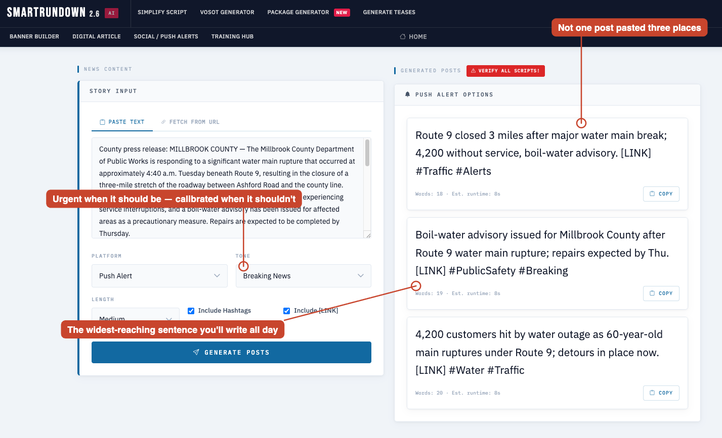 Social / Push Alerts — platform-specific posts from one input