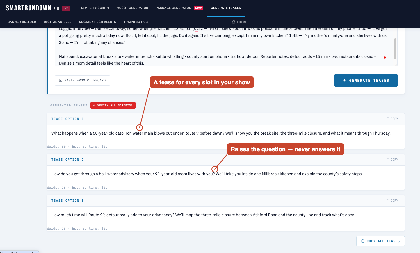 Tease Writer — three tease options, raises the question never answers it